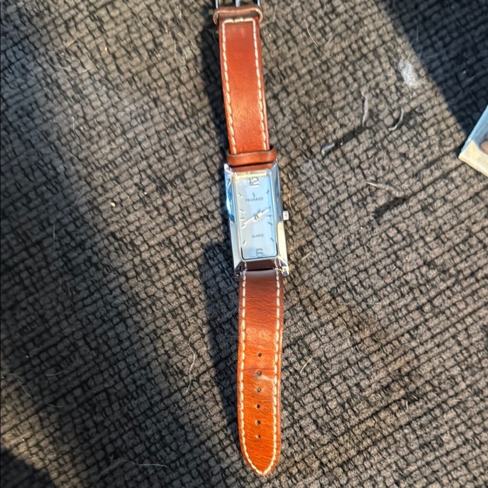 Peugeot Brown and Silver Watch with Leather Strap